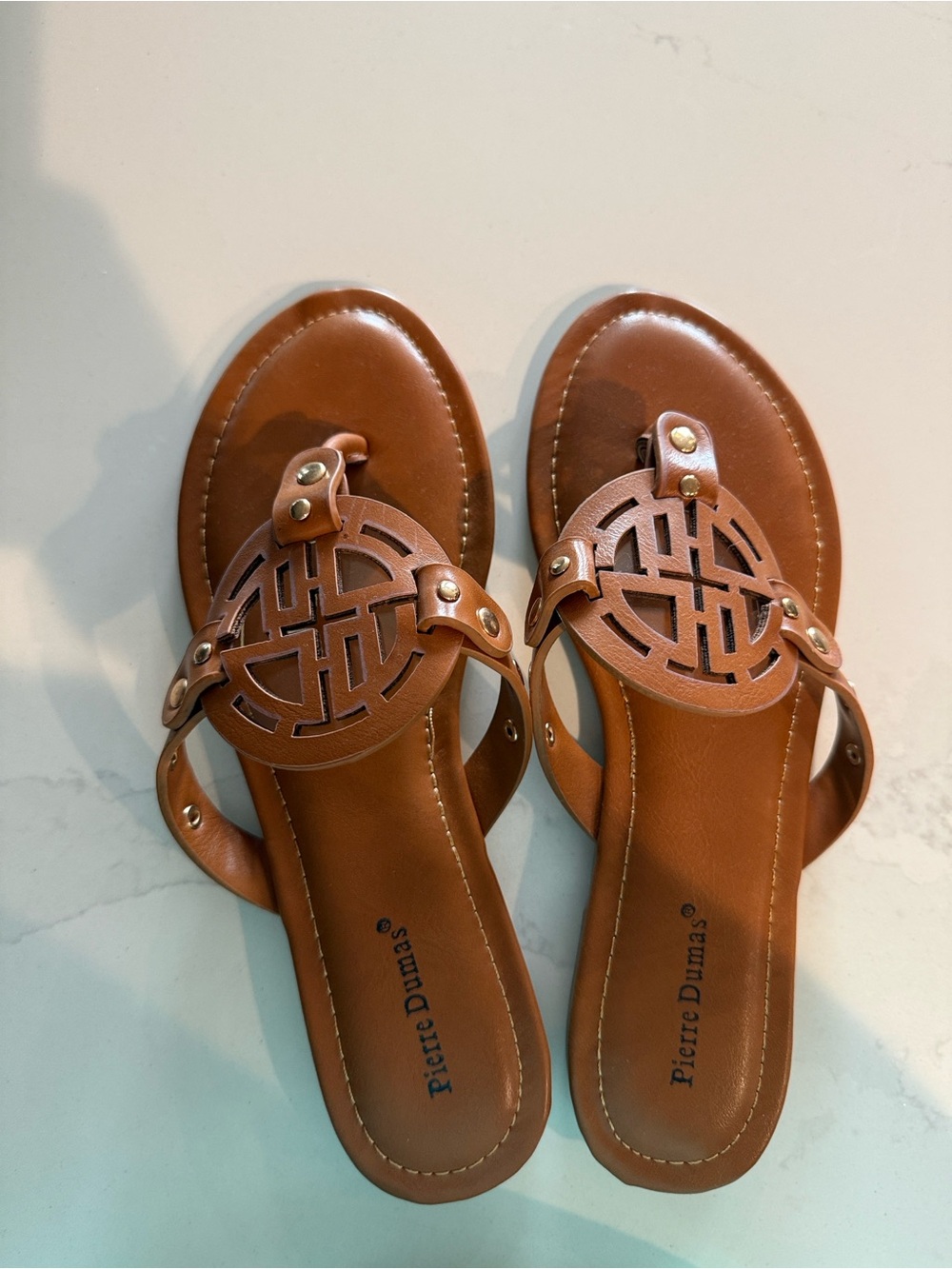 Pierre Dumas Tan Laser-Cut Circle T-Strap Sandals